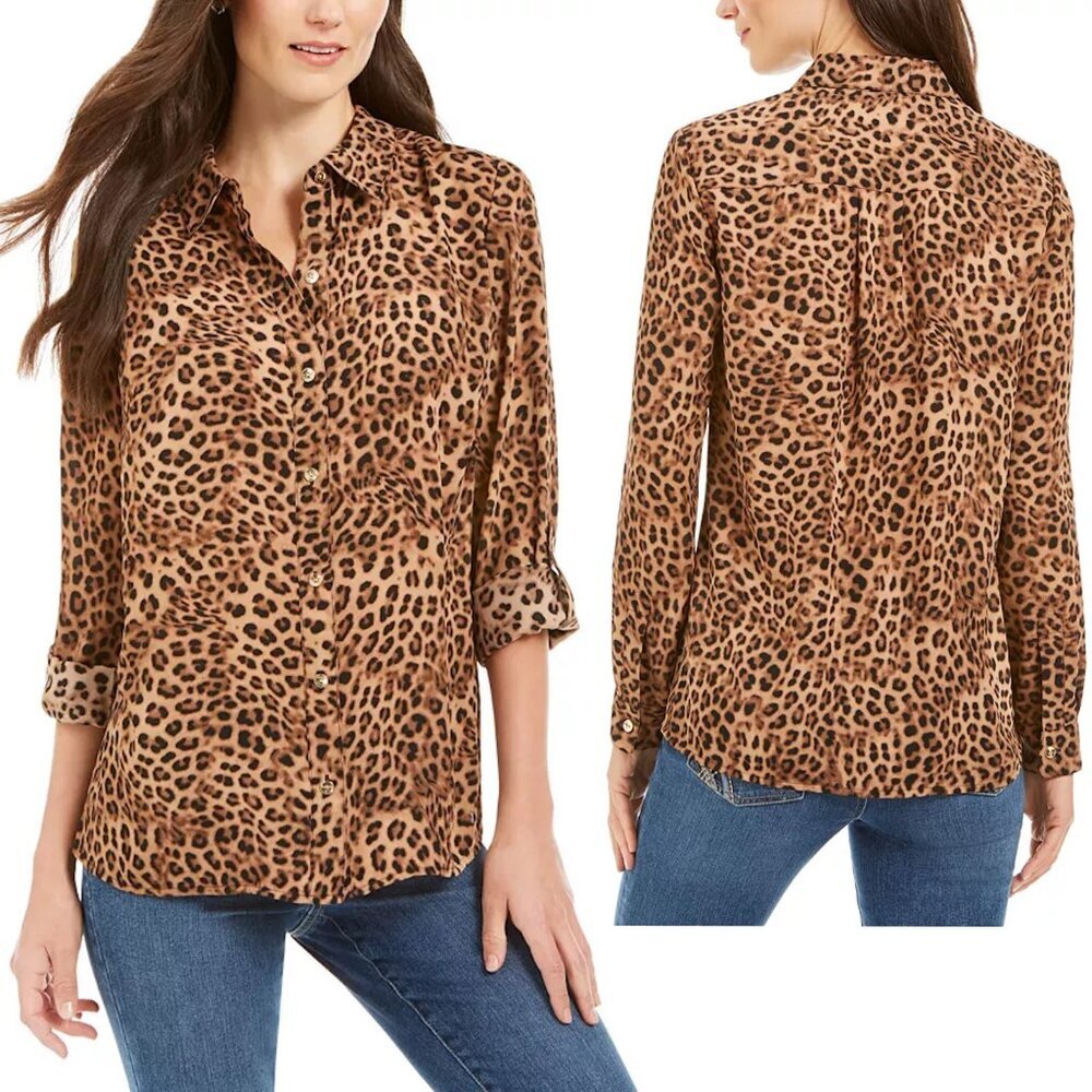 Charter Club Animal-Print Roll Tab Sleeve Blouse Size M
